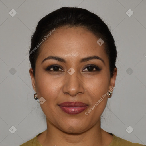 Joyful latino young-adult female with short  brown hair and brown eyes