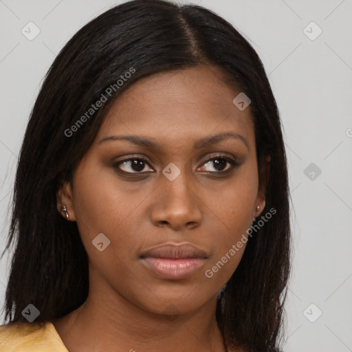 Neutral asian young-adult female with long  brown hair and brown eyes