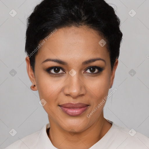 Joyful latino young-adult female with short  black hair and brown eyes