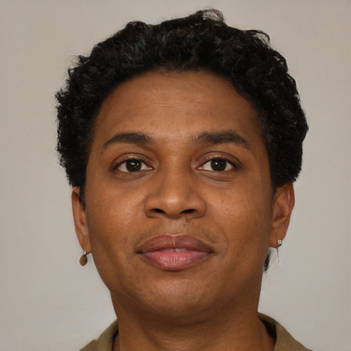 Joyful black young-adult male with short  brown hair and brown eyes