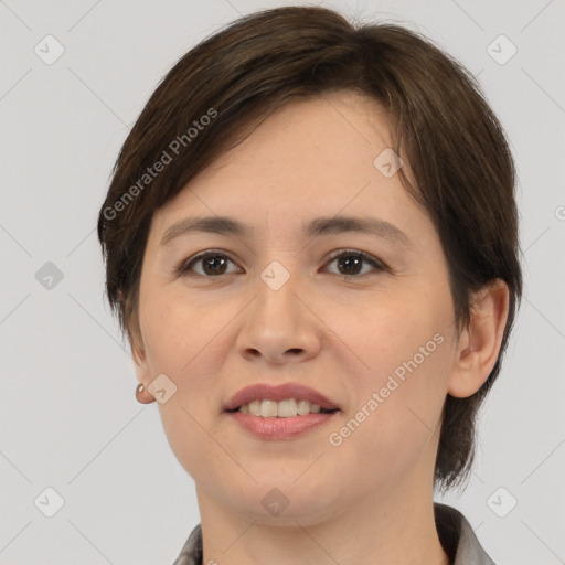 Joyful white young-adult female with medium  brown hair and brown eyes