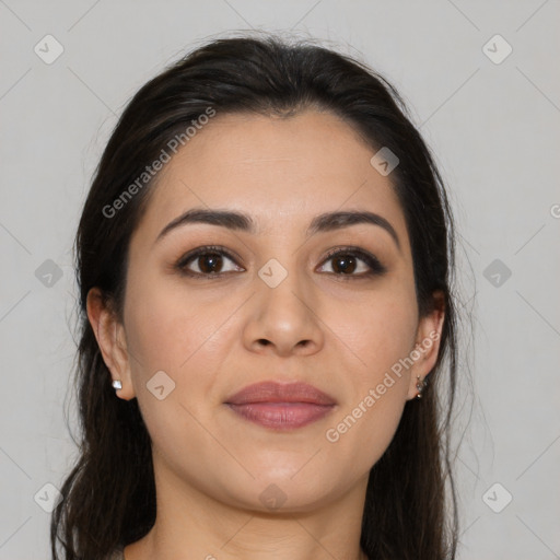 Joyful white young-adult female with long  brown hair and brown eyes