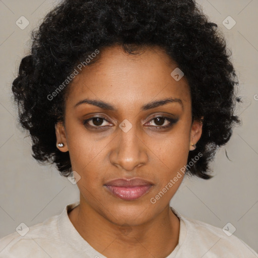 Neutral black young-adult female with short  black hair and brown eyes