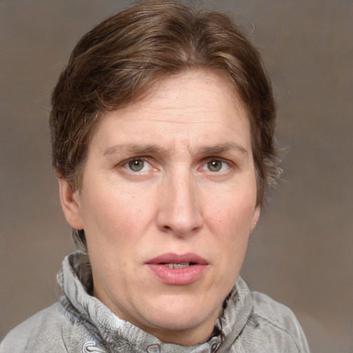 Joyful white adult female with medium  brown hair and blue eyes