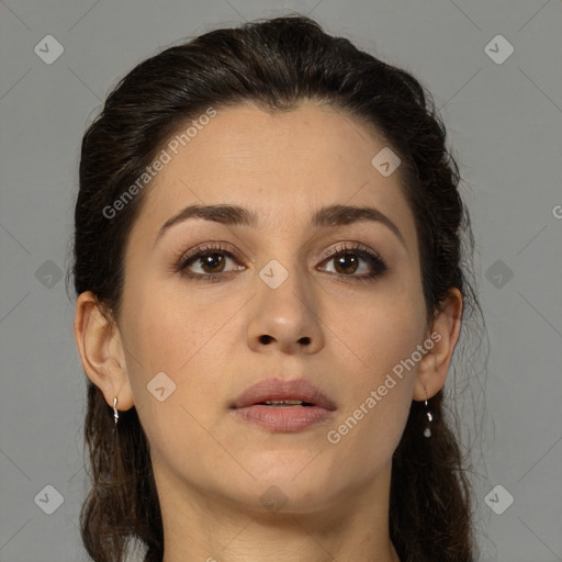 Neutral white young-adult female with medium  brown hair and brown eyes