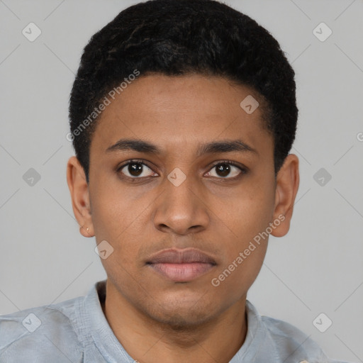 Neutral latino young-adult male with short  black hair and brown eyes