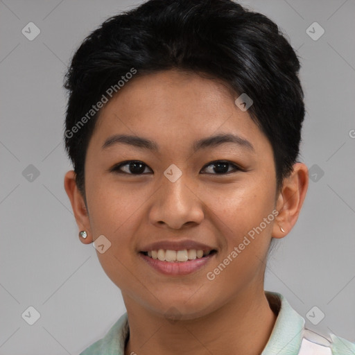 Joyful asian young-adult female with short  brown hair and brown eyes