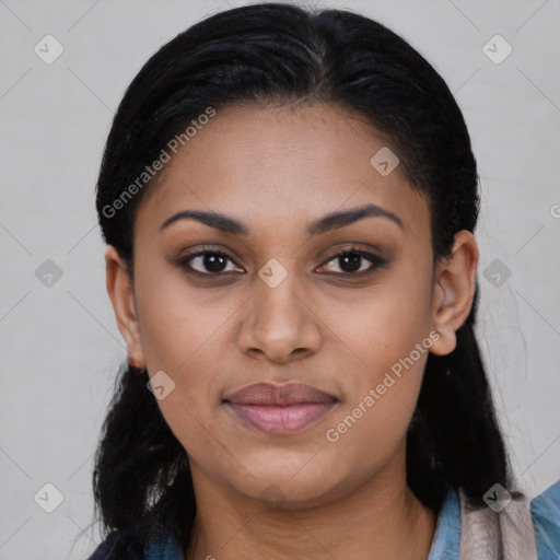 Joyful latino young-adult female with medium  black hair and brown eyes