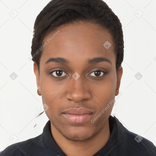 Neutral black young-adult female with short  black hair and brown eyes