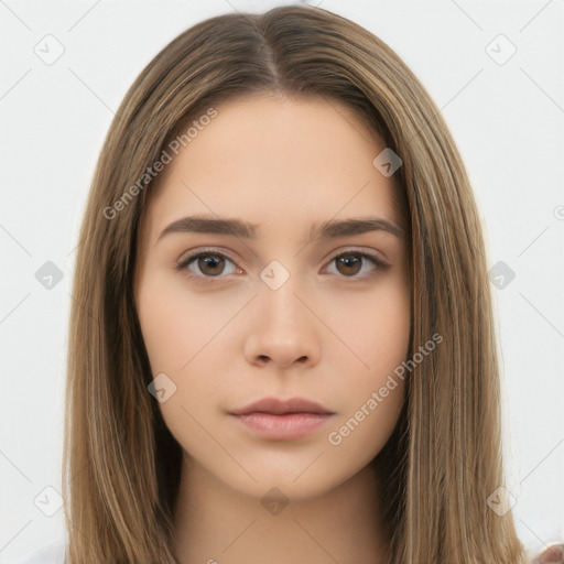 Neutral white young-adult female with long  brown hair and brown eyes