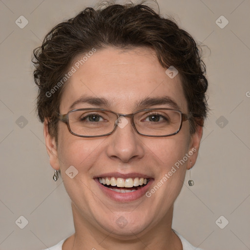 Joyful white adult female with short  brown hair and brown eyes