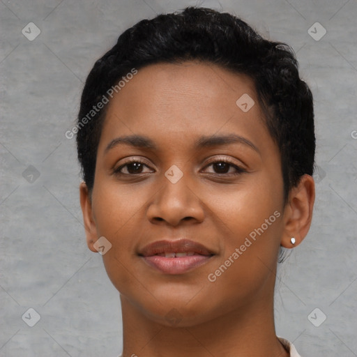 Joyful latino young-adult female with short  black hair and brown eyes