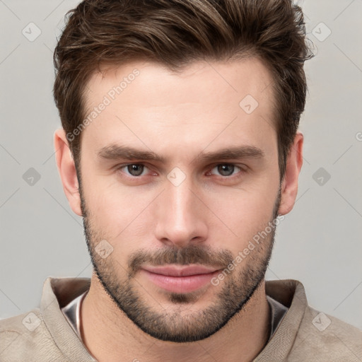 Neutral white young-adult male with short  brown hair and grey eyes