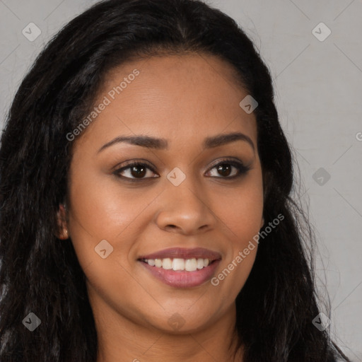 Joyful latino young-adult female with long  brown hair and brown eyes