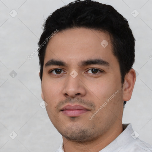 Neutral asian young-adult male with short  black hair and brown eyes