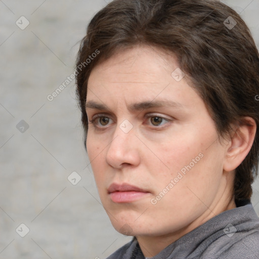 Neutral white young-adult female with medium  brown hair and brown eyes