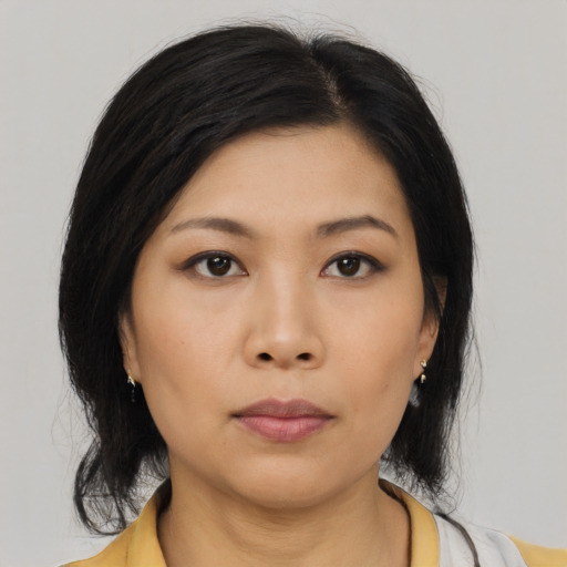 Neutral asian young-adult female with medium  black hair and brown eyes