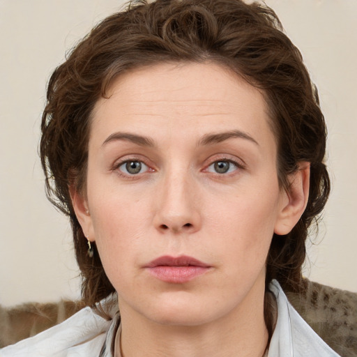 Neutral white young-adult female with medium  brown hair and grey eyes