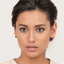 Neutral latino young-adult female with medium  brown hair and brown eyes