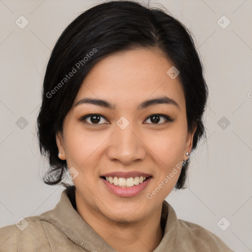 Joyful asian young-adult female with medium  black hair and brown eyes