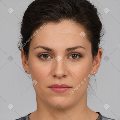 Neutral white young-adult female with short  brown hair and brown eyes