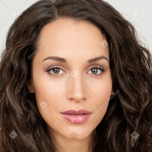 Neutral white young-adult female with long  brown hair and brown eyes