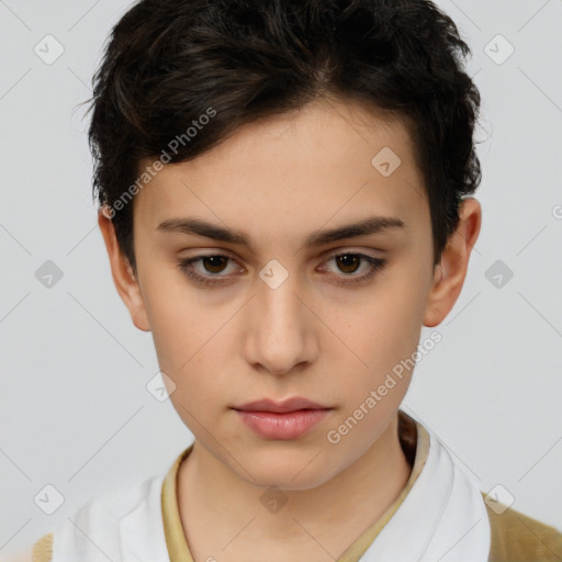 Neutral white young-adult female with short  brown hair and brown eyes