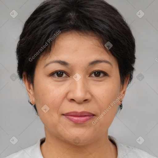 Joyful white adult female with short  brown hair and brown eyes