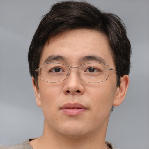 Neutral asian adult male with short  brown hair and brown eyes