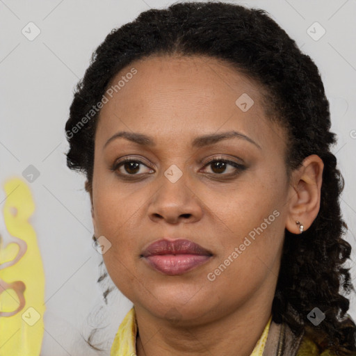 Joyful black adult female with short  brown hair and brown eyes