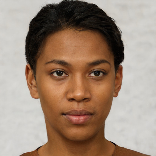 Neutral latino young-adult female with short  black hair and brown eyes