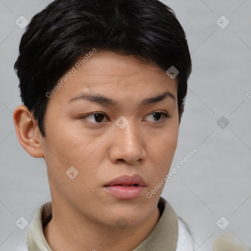 Neutral asian young-adult female with short  brown hair and brown eyes