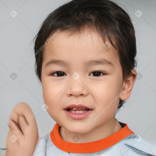 Joyful white child female with short  brown hair and brown eyes