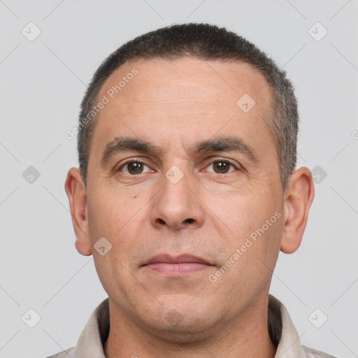 Neutral white adult male with short  brown hair and brown eyes