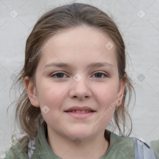 Joyful white child female with medium  brown hair and grey eyes