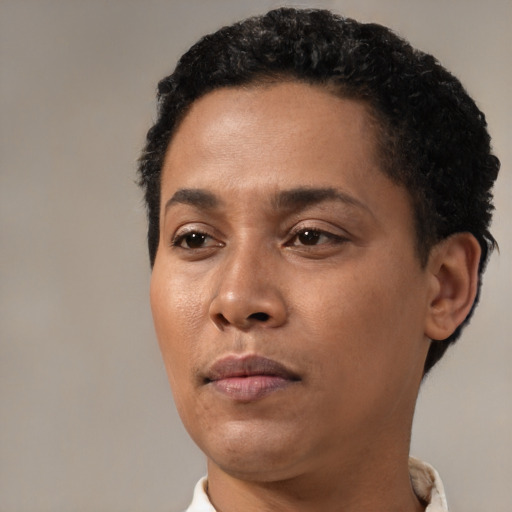 Neutral black young-adult female with short  black hair and brown eyes