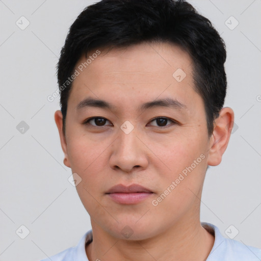 Neutral asian young-adult male with short  black hair and brown eyes