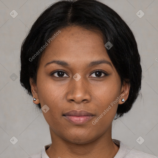 Neutral asian young-adult female with short  black hair and brown eyes