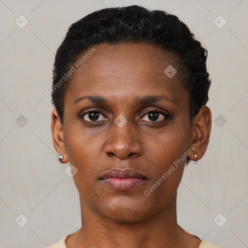 Neutral black young-adult female with short  black hair and brown eyes