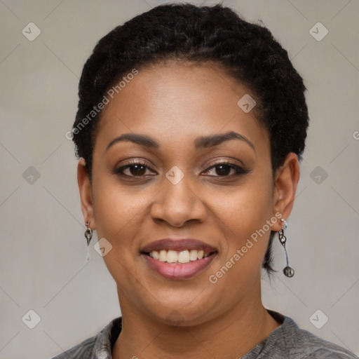 Joyful latino young-adult female with short  black hair and brown eyes