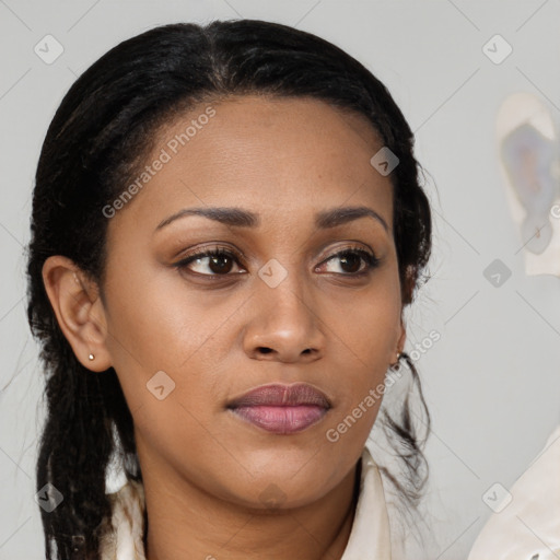 Joyful black young-adult female with medium  brown hair and brown eyes