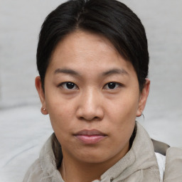 Neutral asian young-adult female with short  brown hair and brown eyes