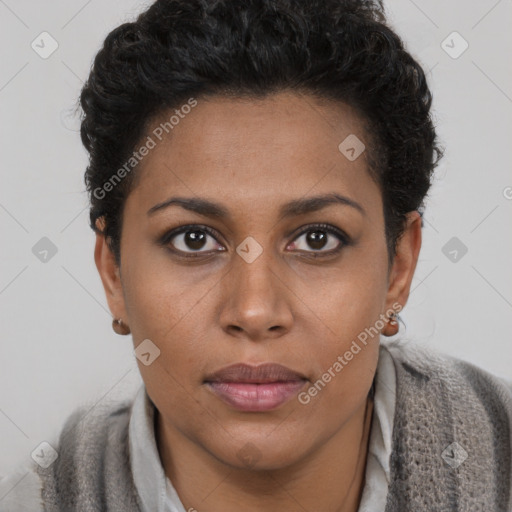 Neutral black young-adult female with short  brown hair and brown eyes