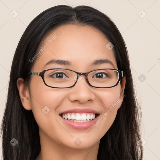 Joyful white young-adult female with long  brown hair and brown eyes