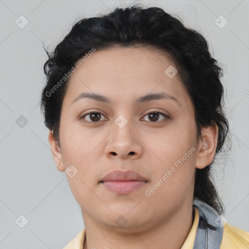 Neutral asian young-adult female with short  brown hair and brown eyes