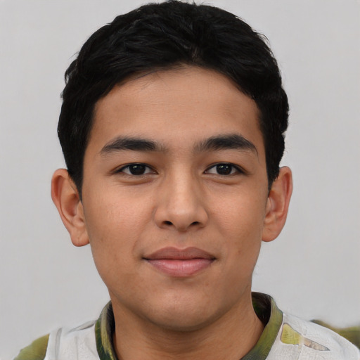 Neutral asian young-adult male with short  black hair and brown eyes
