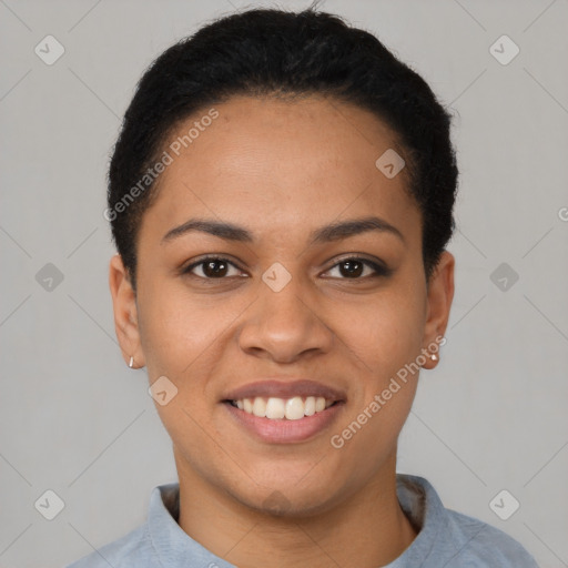 Joyful latino young-adult female with short  brown hair and brown eyes