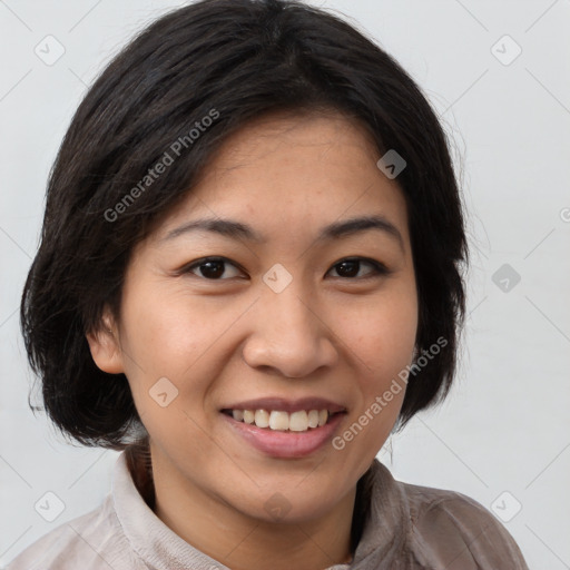 Joyful white young-adult female with medium  black hair and brown eyes