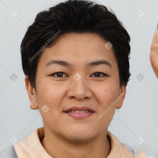 Joyful asian young-adult female with short  brown hair and brown eyes
