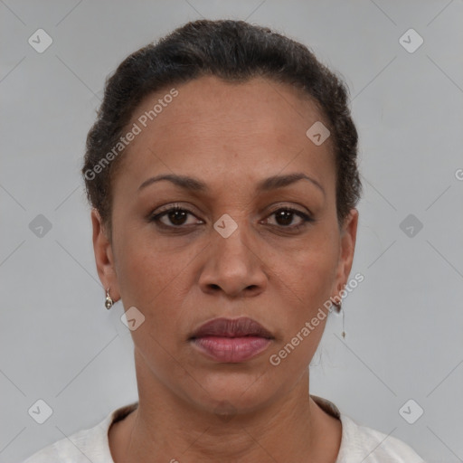 Joyful latino adult female with short  brown hair and brown eyes